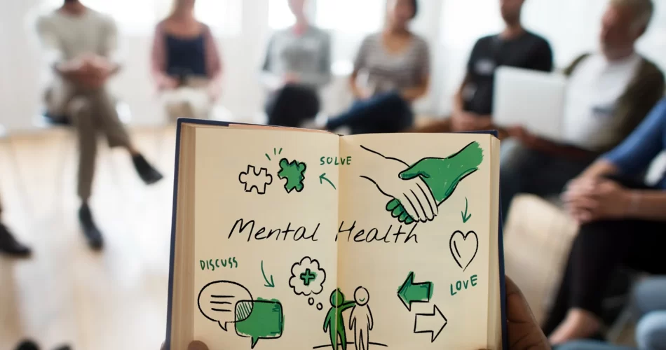 Mental health open book with people with people seated around